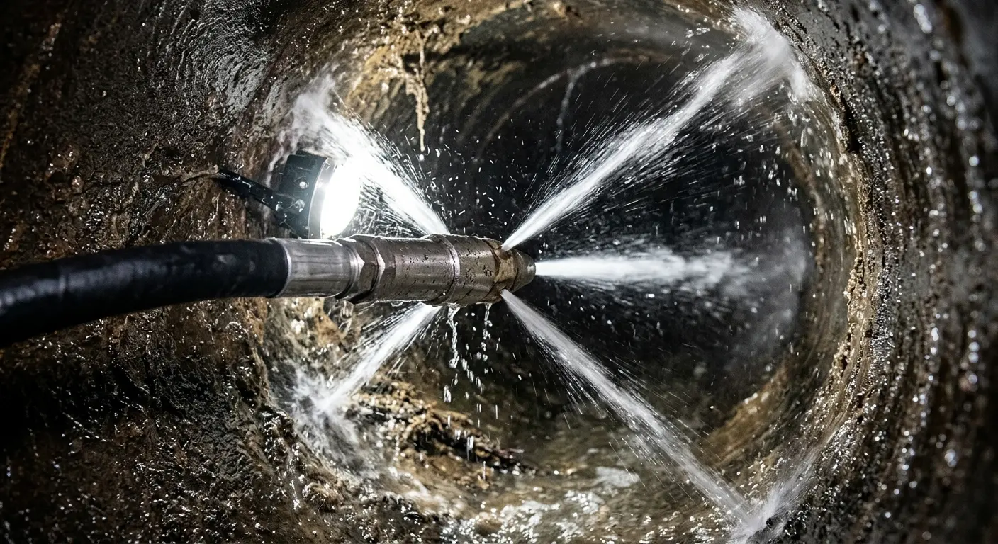 High-pressure hydro jetting nozzle cleaning sewer pipe for Sewer Cleanout in Hudson